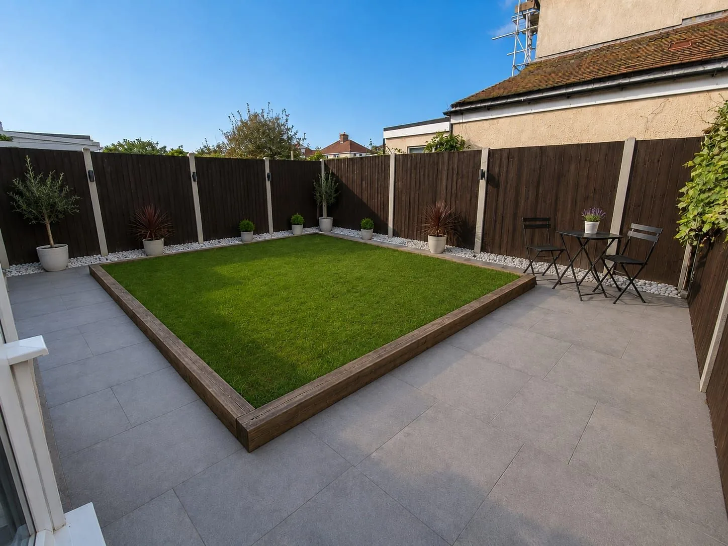 Landscaped garden with artificial grass
